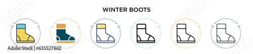 Winter boots icon in filled, thin line, outline and stroke style. Vector illustration of two colored and black winter boots vector icons designs can be used for mobile, ui, web