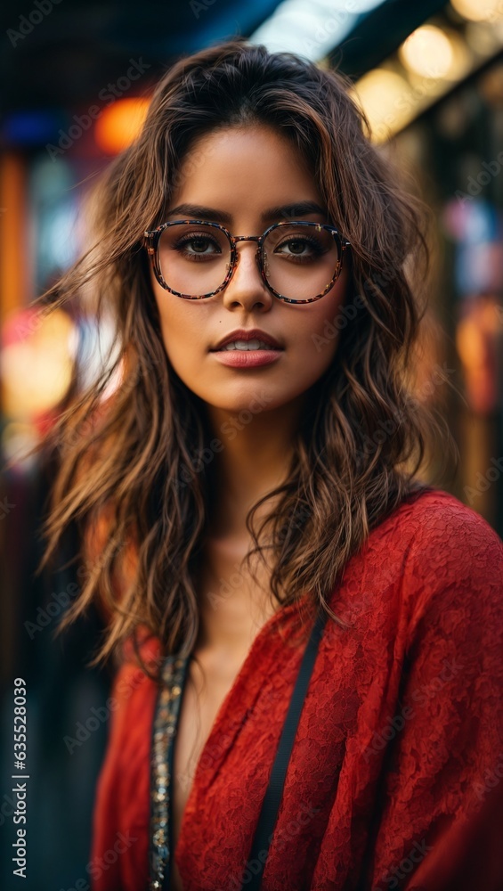 A woman wearing glasses and a red sweater A woman wearing glasses and a red sweater