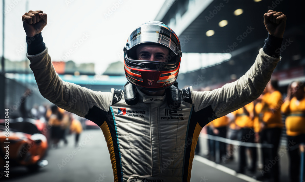 Race Car Driver's Triumphant Celebration: A race car driver's triumphant celebration, the culmination of months of hard work and dedication. Race Car Driver's Triumphant Celebration: A race car driver's triumphant celebration, the culmination of months of hard work and dedication.