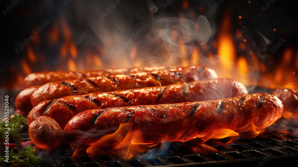 Barbecue juicy sausage on grill fire with smoke. Barbecue juicy sausage on grill fire with smoke.