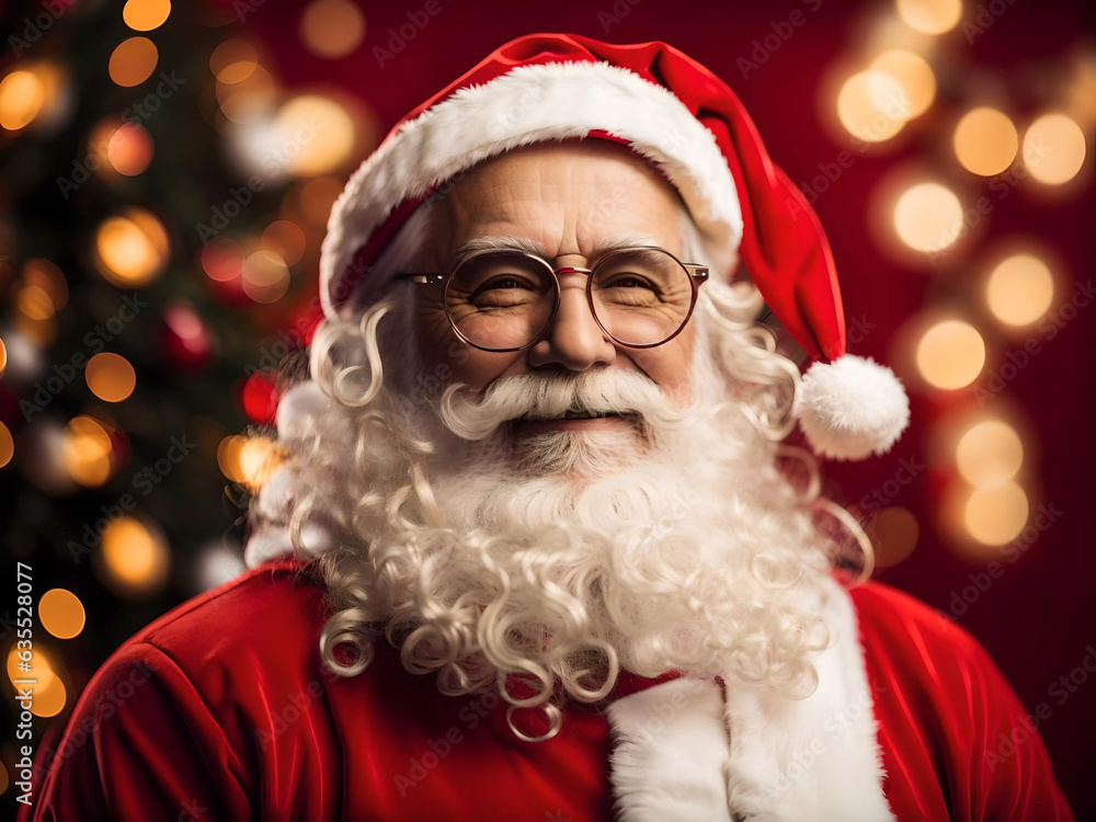 Christmas, holidays and people concept - close up of santa claus in glasses winking over red lights background, Generative AI Christmas, holidays and people concept - close up of santa claus in glasses winking over red lights background, Generative AI