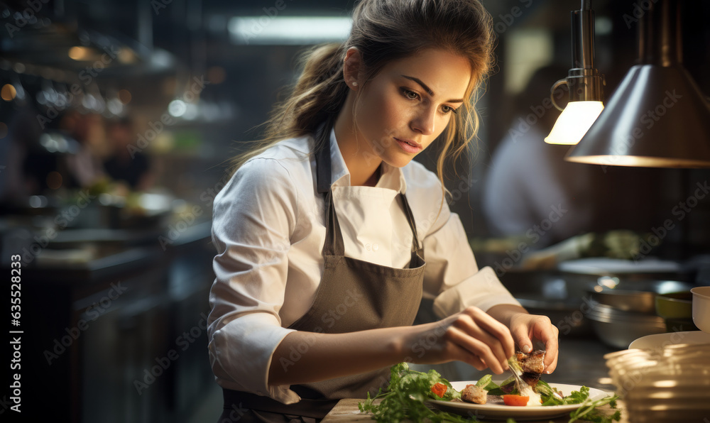 Beautiful Woman Preparing Food in Restaurant Kitchen: A beautiful woman prepares food in a restaurant kitchen, her passion for cooking evident in her eyes.