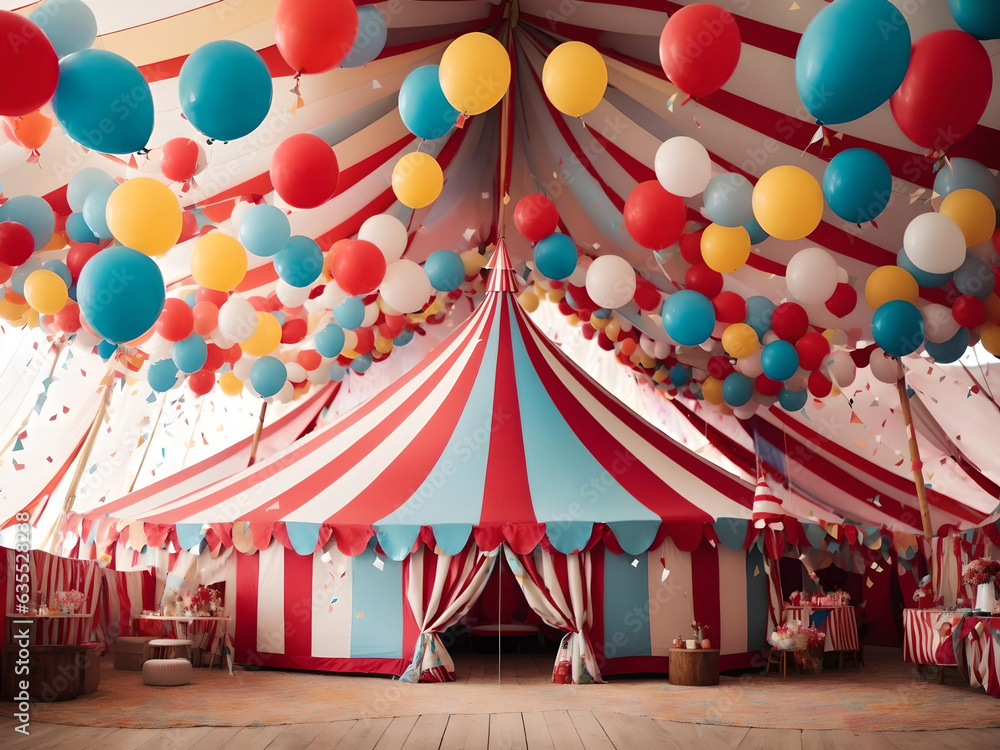 Circus tent with balloons and confetti, circus background, editorial