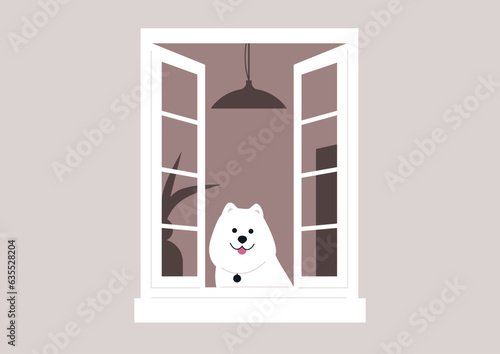 An intrigued dog gazing out of a window, observing the happenings in the neighborhood with curiosity