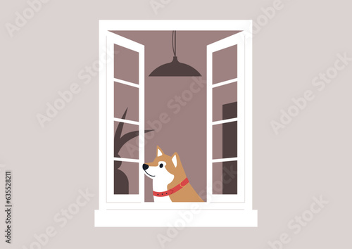 An intrigued dog gazing out of a window, observing the happenings in the neighborhood with curiosity