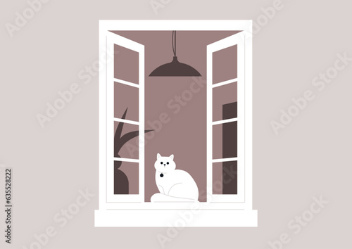A curious cat perched on a windowsill, attentively watching the activities on the street