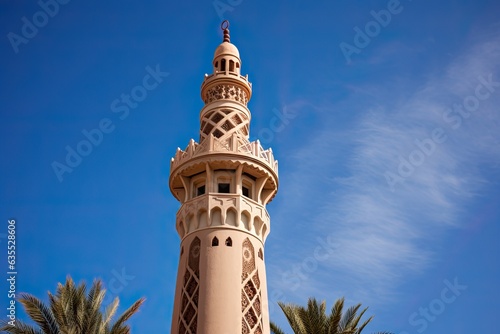 Canvastavla a minaret of masjid against clear blue sky