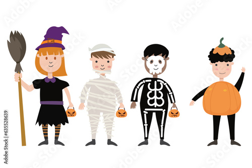 Set of children characters for Halloween. Costumes witches, monster, mummy, skeleton, pumpkin. Vector illustration