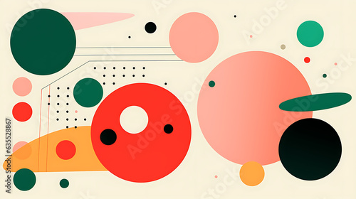 An abstract illustration of colorful circles. Bold use of line, bauhaus, magenta and green, bold strokes - rounded shapes, overlapping shapes