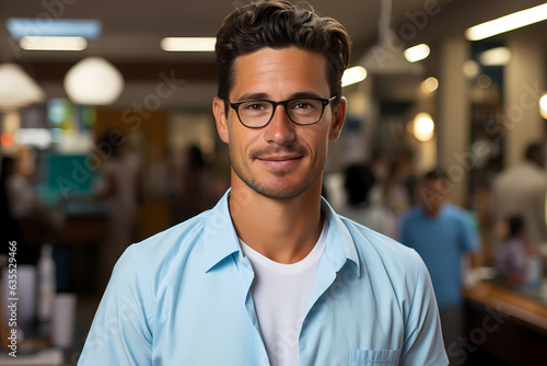 Portrait of a Confident and Smart Man with a Blurry Office/Clinic Background