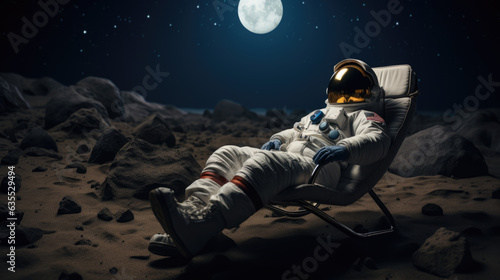 Astronaut in a suit sits on the surface of a planet in a chair. Resting after the flight.