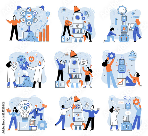 Team solving problems. Problem solving Union and teamwork Collaborating for find idea to solve a problem Strategy for business Match business vision Cartoon partners working in connection Project