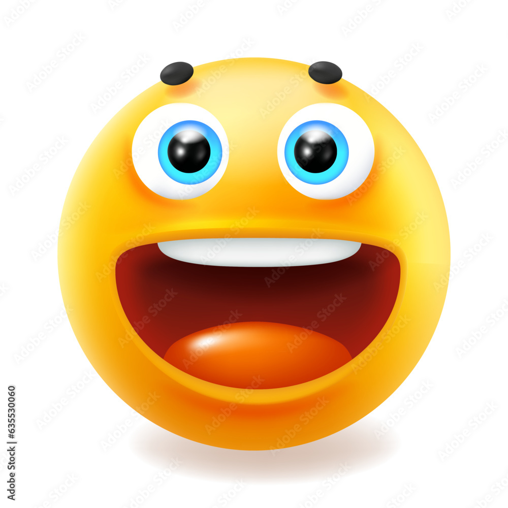 3d style design of funny laugh emoji for social media. Vector illustration of happy fun yellow color smile emoticon with open mouth and tongue