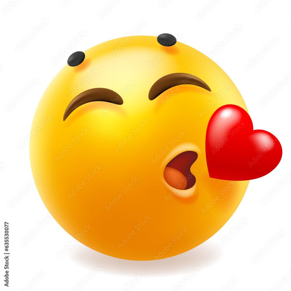 Fototapeta premium 3d vector style design of funny love kiss emoji for social media. Vector romantic illustration of happy fun yellow color emoticon with lips kiss in shape of red heart