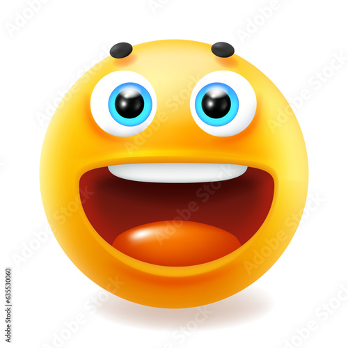 3d style design of funny laugh emoji for social media. Vector illustration of happy fun yellow color smile emoticon with open mouth and tongue