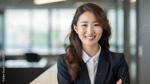 Close up portrait of a smiling young businesswoman in suit against office background.