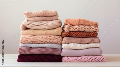 Knitted woolen clothes, after washing. close-up. Winter and autumn warm cozy sweaters created with Generative AI technology