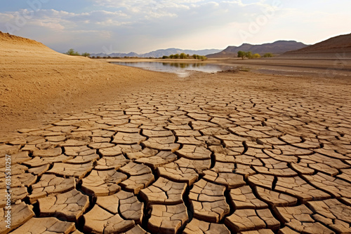Cracked earth with dried up lake in background. Global warming and water scarcity concept.