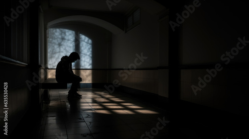 Depressed man in a dark corridor of a building.