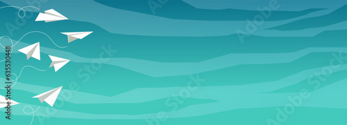 Ciel, nuages et avions en origami - Bannière -  Illustrations vectorielles - Ensemble d'avions en papier avec différents angles et points de vue - Avions qui volent - Invitation au voyage - Design