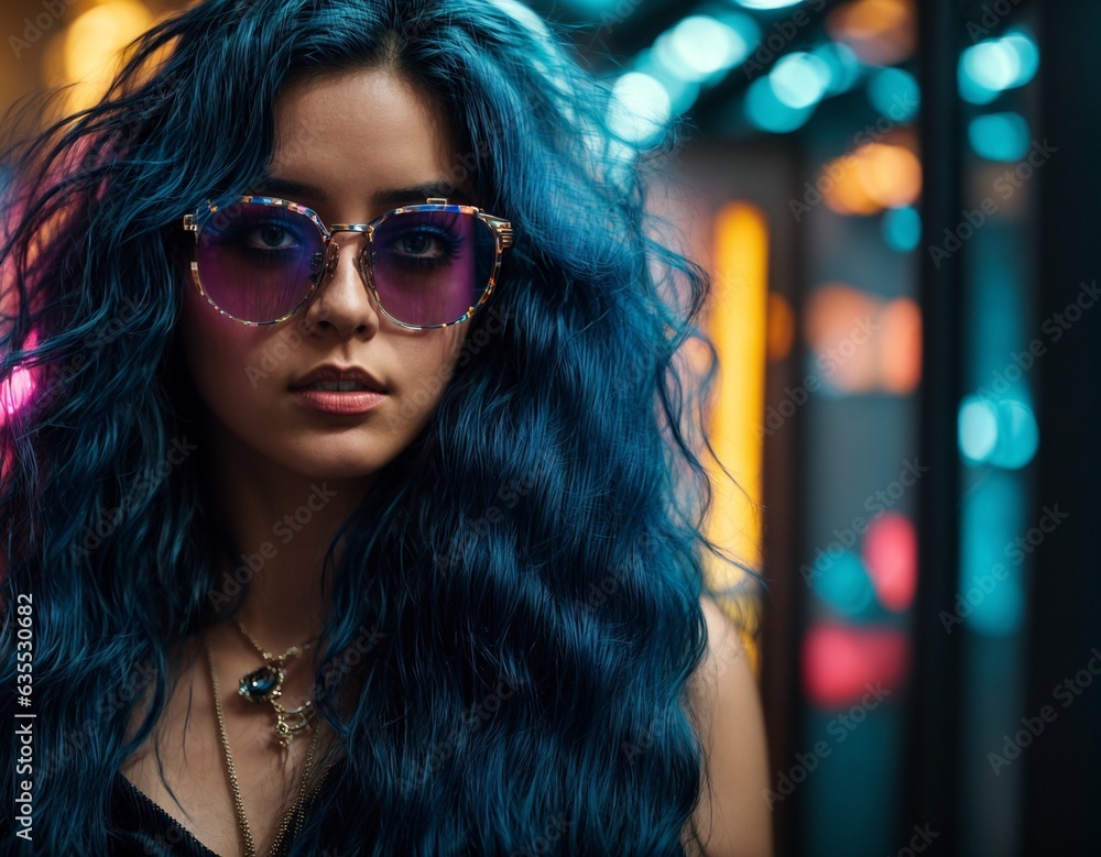 A stylish woman with vibrant blue hair and trendy sunglasses