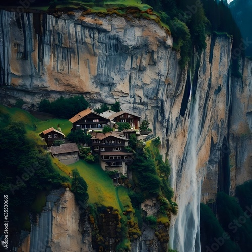 House on the mountain with waterfall wallpaper by ai