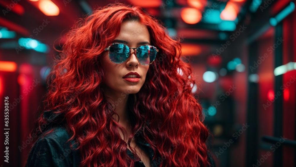 A woman with long red hair and sunglasses A woman with long red hair and sunglasses