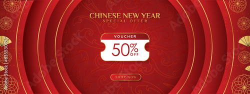 Chinese New Year 50% Discount Voucher Banner with oriental pattern design elements on red gradient background, shop now CTA button. Vector Illustration. EPS 10
