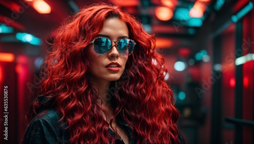 A woman with long red hair and sunglasses