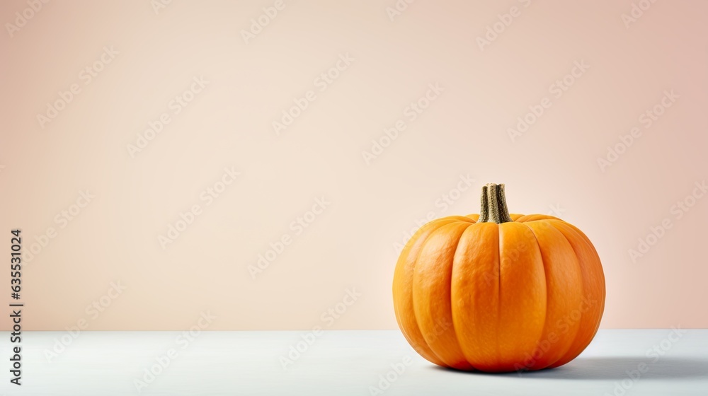 Autumnal pumpkin on a table, soft pastel background, banner, season card. Celebration of harvest, fall, halloween, thanksgiving. Minimalistic pumpkin. Autumnal pumpkin on a table, soft pastel background, banner, season card. Celebration of harvest, fall, halloween, thanksgiving. Minimalistic pumpkin.