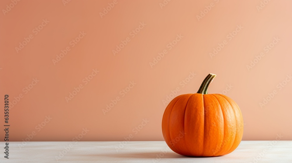 Autumnal pumpkin on a table, soft pastel background, banner, season card. Celebration of harvest, fall, halloween, thanksgiving. Minimalistic pumpkin. Autumnal pumpkin on a table, soft pastel background, banner, season card. Celebration of harvest, fall, halloween, thanksgiving. Minimalistic pumpkin.