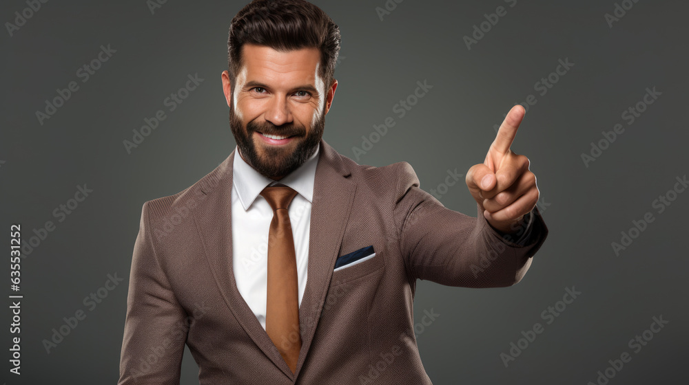 Middle aged man wearing suit pointing with hand and finger to the side looking at the camera. Middle aged man wearing suit pointing with hand and finger to the side looking at the camera.