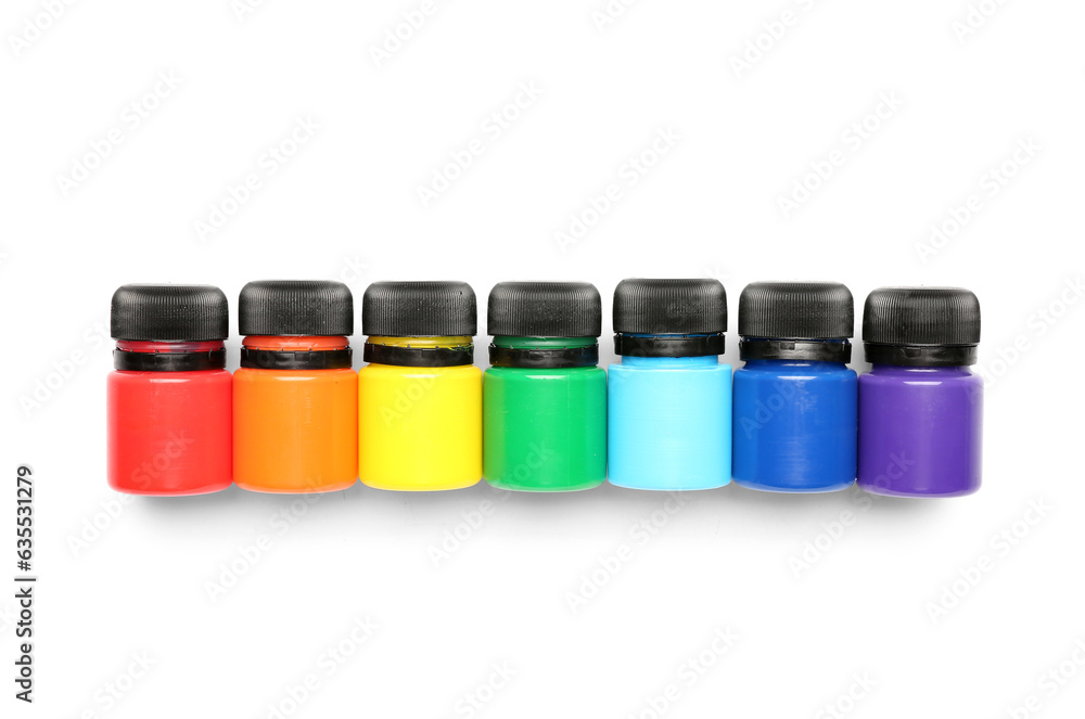 Jars with colorful gouache on white background Jars with colorful gouache on white background