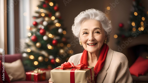 Excited caucasian old lady with christmas gift portrtait, Empty Copy space, Generative AI photo