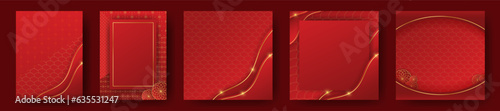 Red and Yellow Lunar New Year Template Design Set. Beautiful oriental background posters, greeting cards, social media card. Blank Chinese New Year layouts. Editable Vector Illustration.
