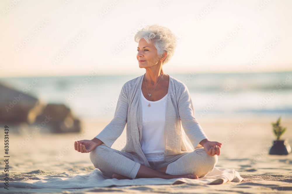 Fototapeta premium Elegant senior woman practicing yoga on a tranquil beach, capturing the grace, serenity, and wellness of an active lifestyle. Generative Ai