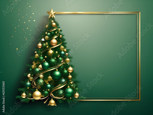 Frame in the shape of Christmas tree. Abstract Christmas tree made of realistic green and gold baubles, snowflakes, stars and serpentine. greeting vector banner. Generative AI