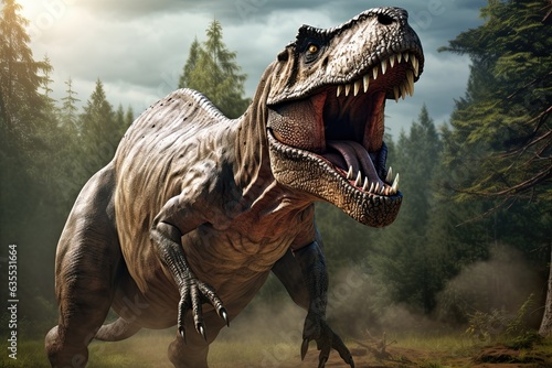 Giant Tyrannosaurus Rex head, fearsome predator, paleontology marvel. Concept of prehistoric dominance.