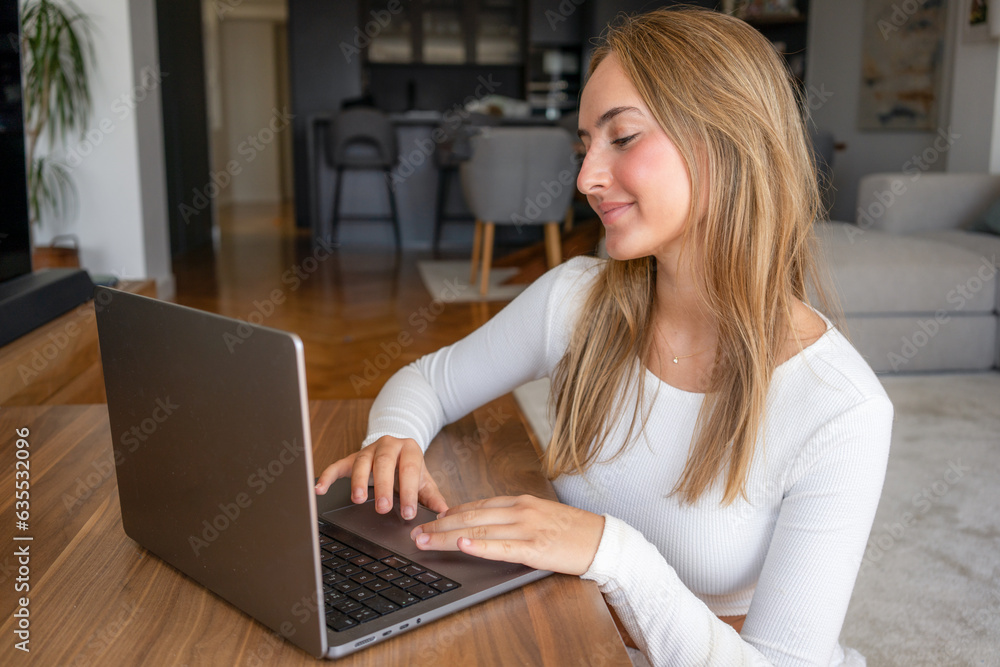 Beautiful young woman working using computer laptop concentrated and smiling Beautiful young woman working using computer laptop concentrated and smiling