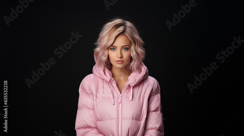 Young beautiful blonde woman wearing a pink puffer jacket with a black background in a studio.