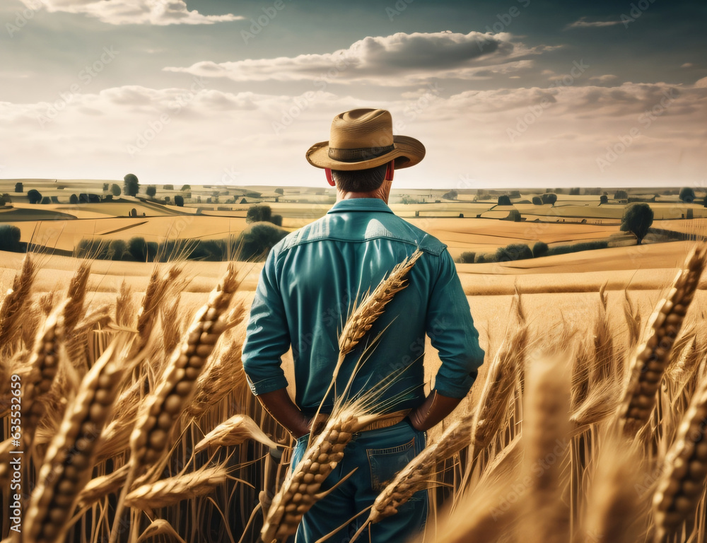 farmer in wheat field - obrazy, fototapety, plakaty 