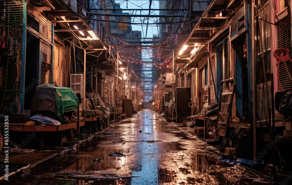old abandoned factory with wet pavement created with Generative AI technology old abandoned factory with wet pavement created with Generative AI technology