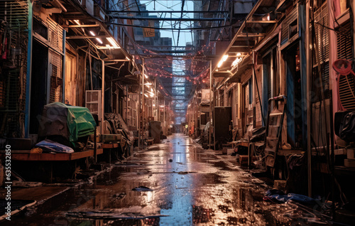 old abandoned factory with wet pavement created with Generative AI technology