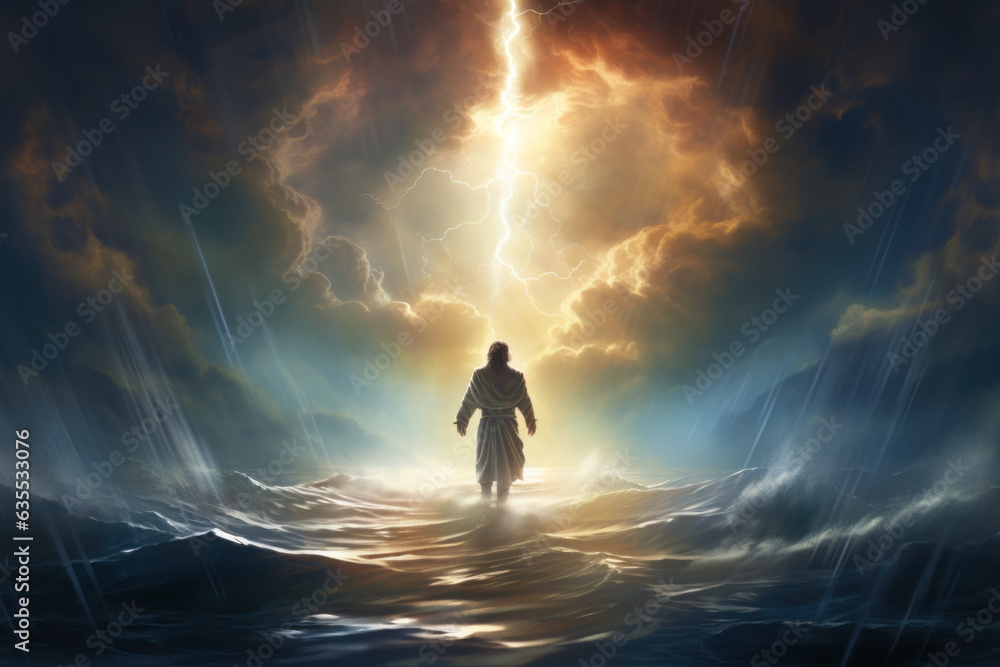 Jesus, the Peaceful Beacon: The Healer of Storm-Tossed Waters - Christ Walking Majestically on Tempestuous Waves, Offering Salvation to a Sinking Vessel, Bathing the Scene in a Divine, Reassuring Ligh