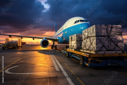 Global logistic. Airplane and parcel box, Concept of air delivery shipping. Generative AI.