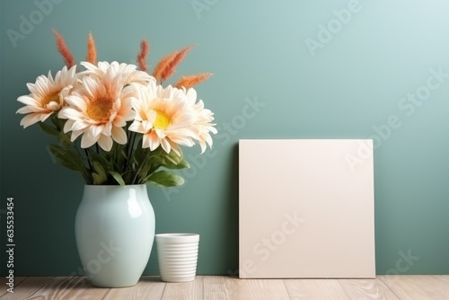 Photo frame mockup background with sun flower and white card inside. Generative AI.