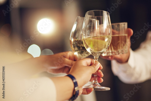 Photos Celebration, people hands and toast alcohol drinks for achievement, congratulations party or luxury gala vent