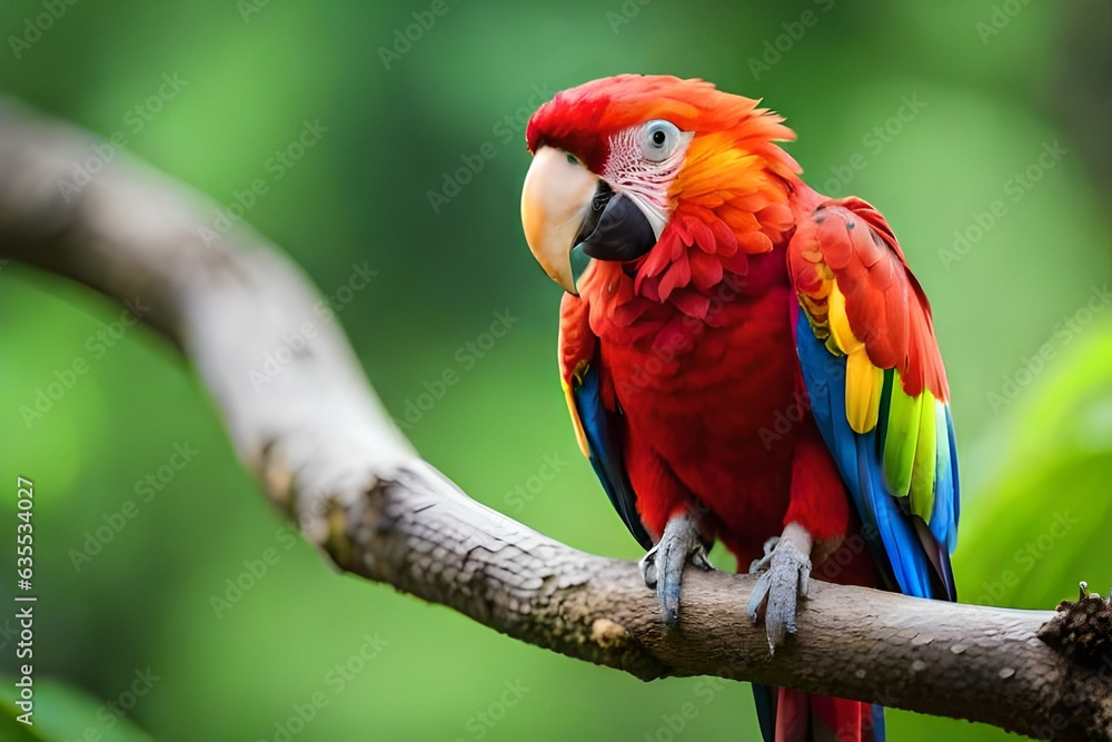 Red parrot Scarlet Macaw, Ara macao, bird sitting on the branch, Costa rica. Wildlife scene from tropical forest. Beautiful parrot on tree green tree in nature habitat.
