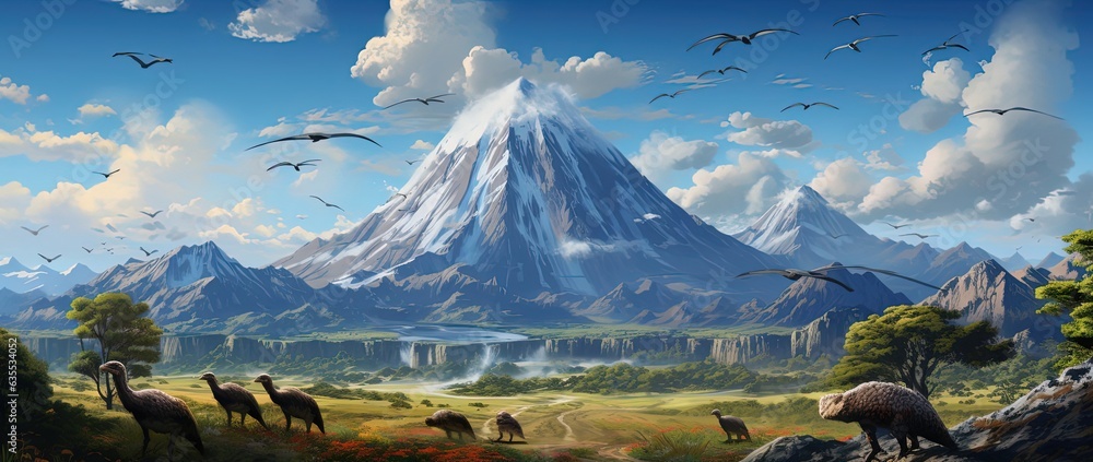 Obraz premium realistic dinasours with mountain background