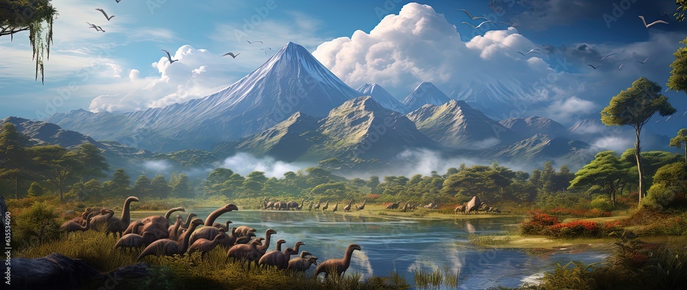 Fototapeta premium realistic dinasours with mountain background